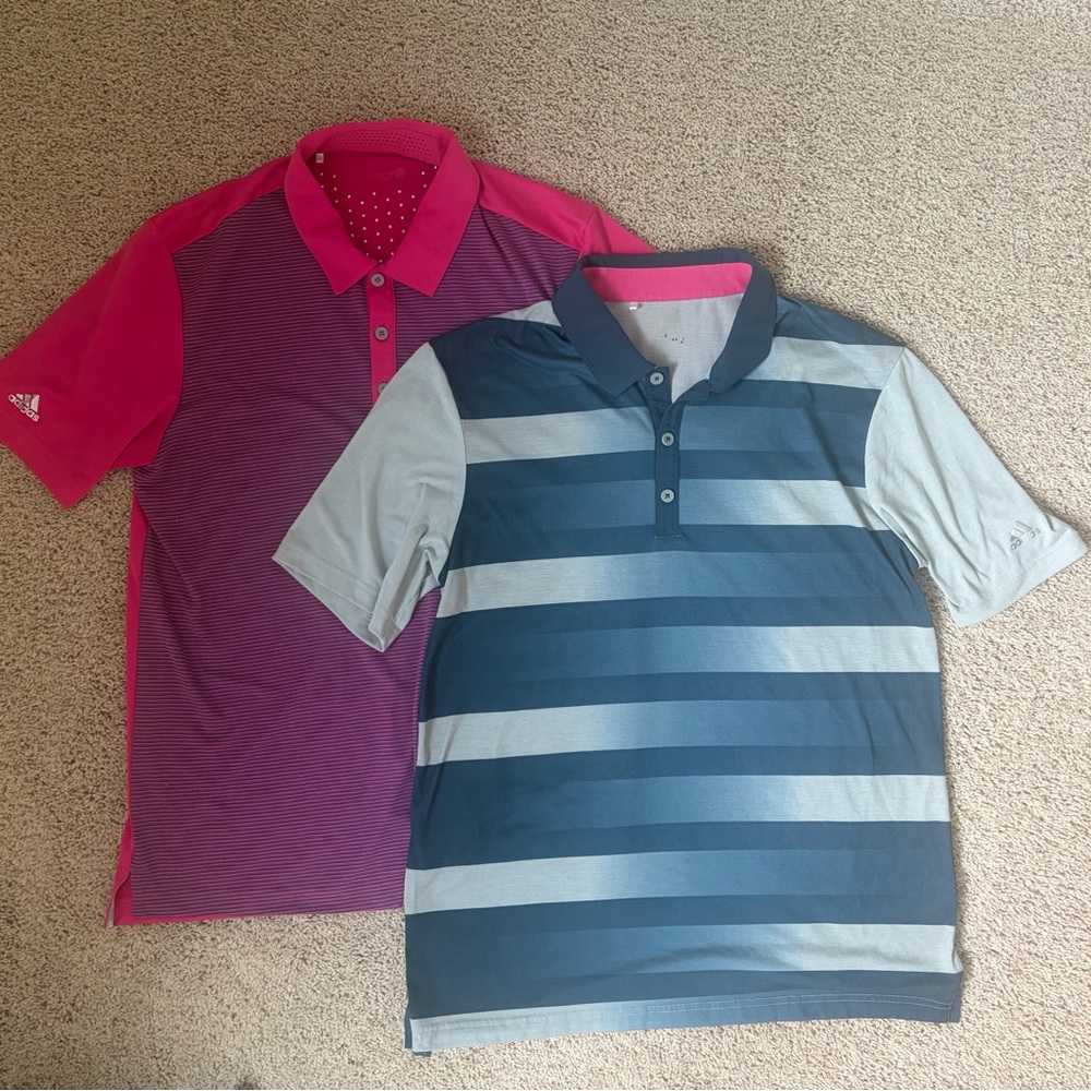 Adidas Navy and Gray Striped Golf Shirt and Adidas Pink Climachill Golf Polo
